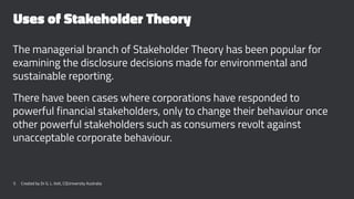 Uses of Stakeholder Theory
The managerial branch of Stakeholder Theory has been popular for
examining the disclosure decisions made for environmental and
sustainable reporting.
There have been cases where corporations have responded to
powerful financial stakeholders, only to change their behaviour once
other powerful stakeholders such as consumers revolt against
unacceptable corporate behaviour.
5 Created by Dr G. L. Ilott, CQUniversity Australia
 