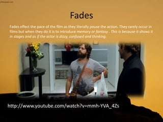 Fades
Fades effect the pace of the film as they literally pause the action. They rarely occur in
films but when they do it is to introduce memory or fantasy . This is because it shows it
in stages and as if the actor is dizzy, confused and thinking.
http://www.youtube.com/watch?v=mmh-YVA_4Zs
 