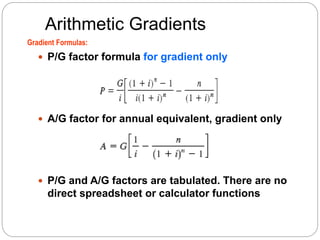  P/G factor formula for gradient only
 A/G factor for annual equivalent, gradient only
 P/G and A/G factors are tabulated. There are no
direct spreadsheet or calculator functions
Gradient Formulas:
Arithmetic Gradients
 