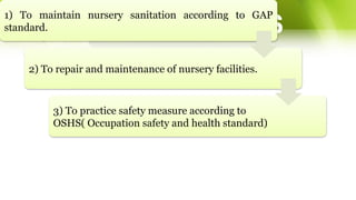 OBJECTIVES
1) To maintain nursery sanitation according to GAP
standard.
2) To repair and maintenance of nursery facilities.
3) To practice safety measure according to
OSHS( Occupation safety and health standard)
 