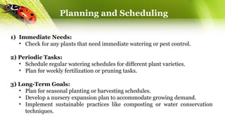 Planning and Scheduling
1) Immediate Needs:
• Check for any plants that need immediate watering or pest control.
2) Periodic Tasks:
• Schedule regular watering schedules for different plant varieties.
• Plan for weekly fertilization or pruning tasks.
3) Long-Term Goals:
• Plan for seasonal planting or harvesting schedules.
• Develop a nursery expansion plan to accommodate growing demand.
• Implement sustainable practices like composting or water conservation
techniques.
 