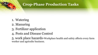 Crop-Phase Production Tasks
1. Watering
2. Manuring
3. Fertilizer application
4. Pests and Disease Control
5. work place hazards-Workplace health and safety affects every farm
worker and agriculte business.
 