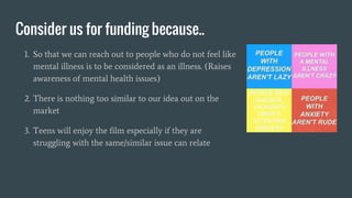 Consider us for funding because..
1. So that we can reach out to people who do not feel like
mental illness is to be considered as an illness. (Raises
awareness of mental health issues)
2. There is nothing too similar to our idea out on the
market
3. Teens will enjoy the film especially if they are
struggling with the same/similar issue can relate
 