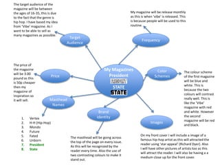 My Magazines
President
STATE
Target
Audience
Color
SchemesPrice
Masthead
Names
Brand
identity
Images
Frequency
1. Vertex
2. H-H (Hip-Hop)
3. Mondo
4. Future
5. Fated
6. Unborn
7. President
8. State
The colour scheme
of the first magazine
will be blue and
white. This is
because the two
colours will contrast
really well. This is
like the ‘Vibe’
magazine with red
and white. However
the second
magazine will be red
and black.
The price of
the magazine
will be 3.00
pound as this
is 50p cheaper
then my
magazine of
inspiration so
it will sell.
The target audience of the
magazine will be between
the ages of 16-35, this is due
to the fact that the genre is
hip hop. I have based my idea
from ‘Vibe’ magazine. As I
want to be able to sell as
many magazines as possible.
My magazine will be release monthly
as this is when ‘vibe’ is released. This
is because people will be used to this
routine.
On my front cover I will include a image of a
famous hip-hop artist as this will attracted the
reader using ‘star appeal’ (Richard Dyer). Also
I will have other pictures of artists too as this
will attract the reader. I will also be having a a
medium close up for the front cover.
The masthead will be going across
the top of the page on every issue.
As this will be recognized by the
reader every time. Also the use of
two contrasting colours to make it
stand out.
 
