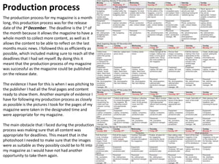 Production process
The production process for my magazine is a month
long, this production process was for the release
date of the 1st December. The deadline is the 1st of
the month because it allows the magazine to have a
whole month to collect more content, as well as it
allows the content to be able to reflect on the last
months music news. I followed this as efficiently as
possible, which included making sure to reach all the
deadlines that I had set myself. By doing this it
meant that the production process of my magazine
was successful as the magazine could be published
on the release date.
The evidence I have for this is when I was pitching to
the publisher I had all the final pages and content
ready to show them. Another example of evidence I
have for following my production process as closely
as possible is the pictures I took for the pages of my
magazine were taken in the designated time and
were appropriate for my magazine.
The main obstacle that I faced during the production
process was making sure that all content was
appropriate for deadlines. This meant that in the
photoshoot I needed to make sure that the images
were as suitable as they possibly could be to fit into
my magazine as I would have not had another
opportunity to take them again.
 