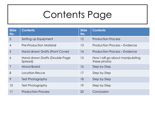 Contents Page
Slide
No.
Contents
3 Setting up Equipment
4 Pre-Production Material
5 Hand drawn Drafts (Front Cover)
6 Hand drawn Drafts (Double Page
Spread)
7 Mood Board
8 Location Recce
9 Test Photography
10 Test Photography
11 Production Process
Slide
No.
Contents
12 Production Process
13 Production Process – Evidence
14 Production Process – Evidence
15 How I will go about manipulating
these photos
16 Step by Step
17 Step by Step
18 Step by Step
19 Step by Step
20 Conclusion
 