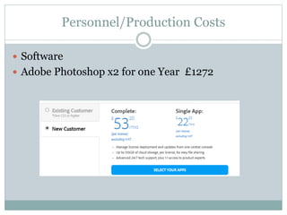 Personnel/Production Costs
 Software
 Adobe Photoshop x2 for one Year £1272
 
