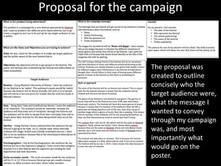 Proposal for the campaign
The proposal was
created to outline
concisely who the
target audience were,
what the message I
wanted to convey
through my campaign
was, and most
importantly what
would go on the
poster.
 