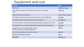 Equipment and cost
Equipment Cost
Office space £249 Per mouth
MAC desktop computer Retina 4K Display 3.0GHz Processor 1TB Storage
(x15)
£18,735
Adobe Creative Cloud All Apps (x15) 1,137.75 per mouth
HP PageWide 377dw Multifunction Business Inkjet Colour Printer J9V80B (x2) £628.80
Nikon D850 Body plus MB-D18 Battery/Portrait Grip Bundle (x3 £11,099.97
6x3m Photo Studio 2 x Soft Umbrella White Backdrop light Kit Backdrop Stand Set (x2) £119.98
Gloss Digital Elite Laser Paper, 94 Bright, 80lb, Letter, White, 500 Sheets/Ream (x3) £115.83
HP 300XL Original Ink Cartridge CC644EE 3 Colours
HP 300XL Original Ink Cartridge CC641EE Black
£38.39
BIC Cristal Original Ballpoint Pens Black 50 Box (x2) £19.59
Essentials Mesh Office Chair(x15) £672
TOTAL COST £32,816.31
 