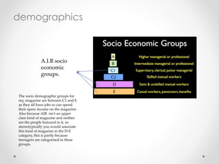 demographics
A.I.R socio
economic
groups.
The socio demographic groups for
my, magazine are between C1 and E
as they all have jobs so can spend
their spare income on the magazine.
Also because AIR isn't an upper
class kind of magazine and neither
are the people featured in it, so
stereotypically you would associate
this kind of magazine in the D-E
category, this is partly because
teenagers are categorised in these
groups.
 