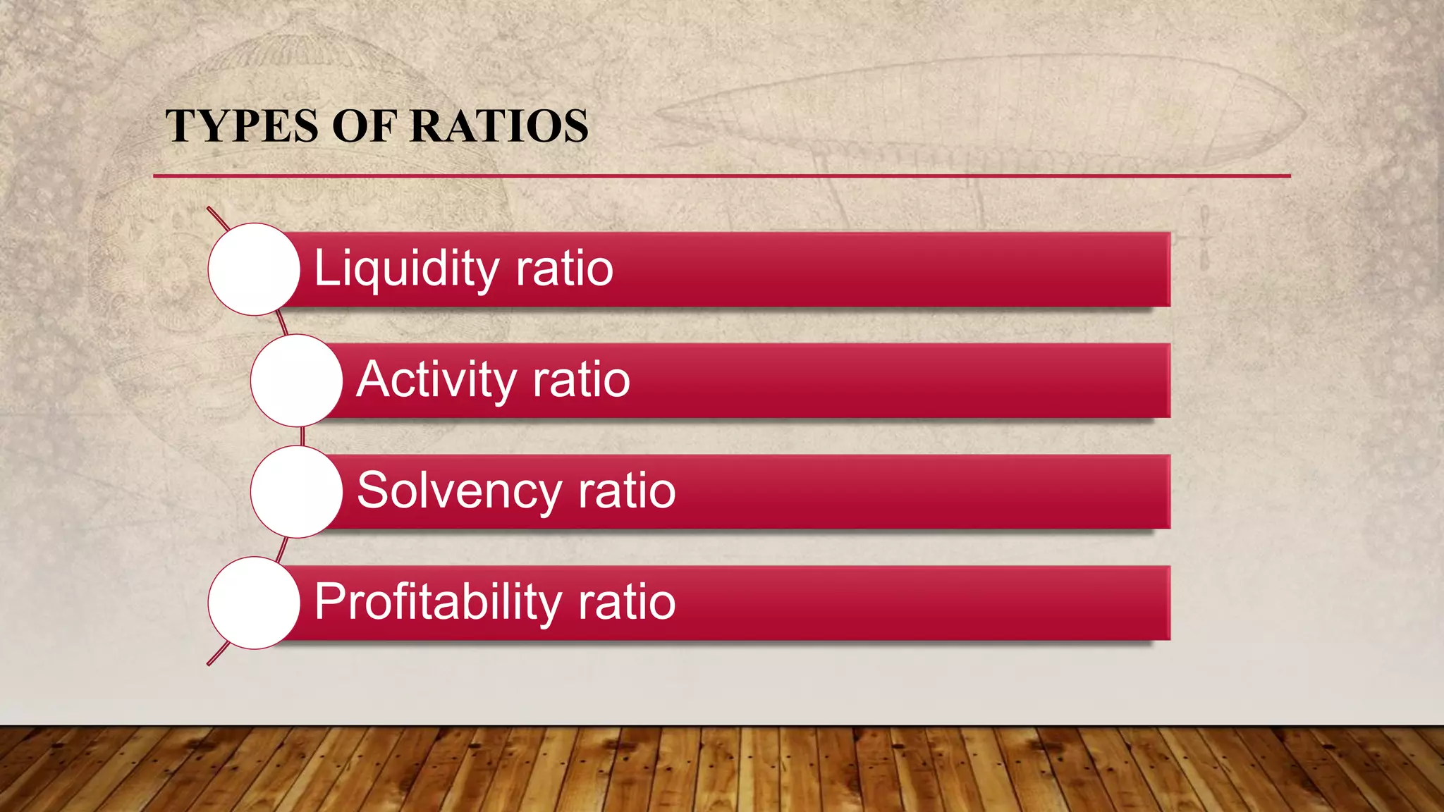 TYPES OF RATIOS
Liquidity ratio
Activity ratio
Solvency ratio
Profitability ratio
 