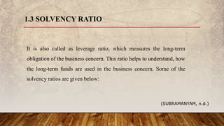 1.3 SOLVENCY RATIO
It is also called as leverage ratio, which measures the long-term
obligation of the business concern. This ratio helps to understand, how
the long-term funds are used in the business concern. Some of the
solvency ratios are given below:
(SUBRAMANYAM, n.d.)
 