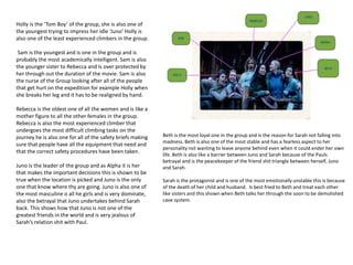 Holly is the ‘Tom Boy’ of the group, she is also one of
the youngest trying to impress her idle ‘Juno’ Holly is
also one of the least experienced climbers in the group.
Sam is the youngest and is one in the group and is
probably the most academically intelligent. Sam is also
the younger sister to Rebecca and is over protected by
her through out the duration of the movie. Sam is also
the nurse of the Group looking after all of the people
that get hurt on the expedition for example Holly when
she breaks her leg and it has to be realigned by hand.
Rebecca is the oldest one of all the women and is like a
mother figure to all the other females in the group.
Rebecca is also the most experienced climber that
undergoes the most difficult climbing tasks on the
journey he is also one for all of the safety briefs making
sure that people have all the equipment that need and
that the correct safety procedures have been taken.
Juno is the leader of the group and as Alpha it is her
that makes the important decisions this is shown to be
true when the location is picked and Juno is the only
one that know where thy are going. Juno is also one of
the most masculine o all he girls and is very dominate,
also the betrayal that Juno undertakes behind Sarah
back. This shows how that Juno is not one of the
greatest friends in the world and is very jealous of
Sarah’s relation shit with Paul.
Beth is the most loyal one in the group and is the reason for Sarah not falling into
madness. Beth is also one of the most stable and has a fearless aspect to her
personality not wanting to leave anyone behind even when it could ender her own
life. Beth is also like a barrier between Juno and Sarah because of the Pauls
betrayal and is the peacekeeper of the friend shit triangle between herself, Juno
and Sarah.
Sarah is the protagonist and is one of the most emotionally unstable this is because
of the death of her child and husband. Is best fried to Beth and treat each other
like sisters and this shown when Beth talks her through the soon to be demolished
cave system.
 