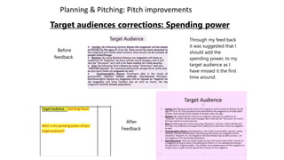 Planning & Pitching: Pitch improvements
Target audiences corrections: Spending power
Before
feedback
Target Audience
• Hartley: By following Hartley theory the magazine will be aimed
at females by the ages of 15 to 18. They would be more attracted to
the magazine as it holds adult content ,that would not be suitable of
people underthisage.
• Maslow: By using Maslow'stheory my magazine will have an
audiences of "Explores" as there will be social changes. But it will
also be "Survivors" as it will a lot have routine to it and security.
• Katz: By following Katz's theory by using "Diversion" and also
"lnform& Educate" as I wantmyaudiencesto escape form reality but
to also learn from my magazine as well.
• Psychographics theory: Psychogra phic is the study of
personality, opinion, values, attitude, interestsand lifestyles.
Byfollowingthis theory my magazine will be classed as "Aspirers"as
my magazine will have fashion tips as well as music, for my
magazine isforthe female population.
Through my feed back
it was suggested that I
should add the
spending power, to my
target audience as I
have missed it the first
time around.
After
Feedback
 