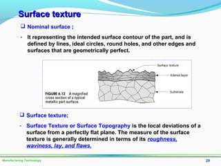 Surface textureSurface texture
29Manufacturing Technology
 Nominal surface ;
- It representing the intended surface contour of the part, and is
defined by lines, ideal circles, round holes, and other edges and
surfaces that are geometrically perfect.
 Surface texture;
- Surface Texture or Surface Topography is the local deviations of a
surface from a perfectly flat plane. The measure of the surface
texture is generally determined in terms of its roughness,
waviness, lay, and flaws.
 