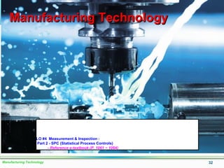 Manufacturing Technology 32
Manufacturing TechnologyManufacturing Technology
LO #4 Measurement & Inspection :
Part 2 - SPC (Statistical Process Controls)
- Reference e-textbook (P. 1061 ~ 1064)
 