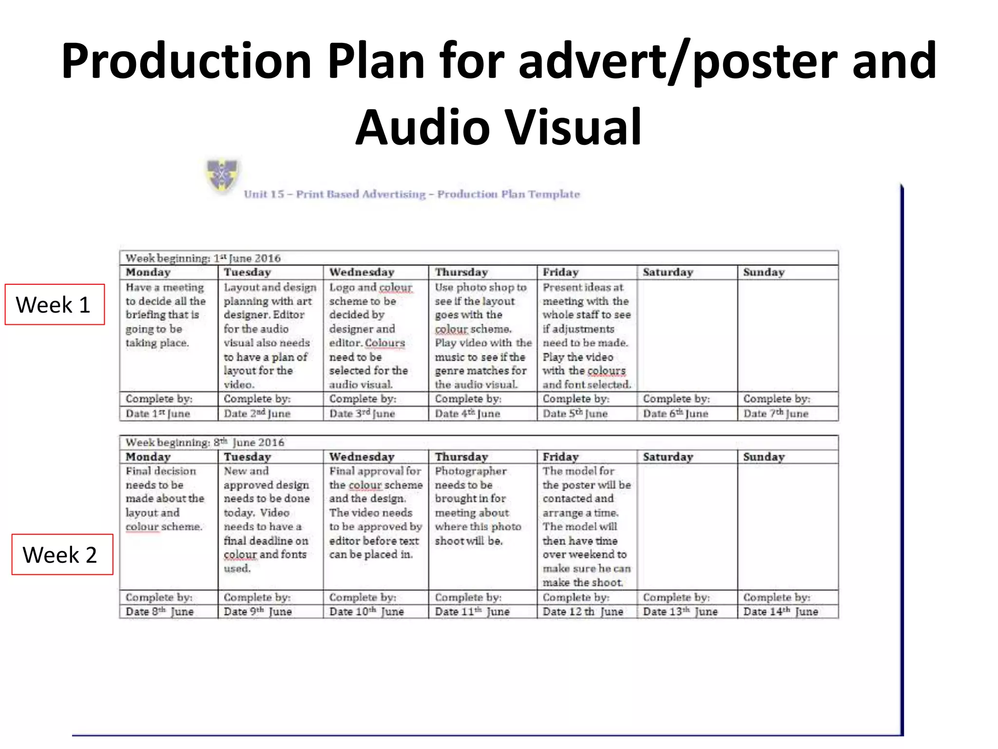 Production Plan for advert/poster and
Audio Visual
Week 1
Week 2
 
