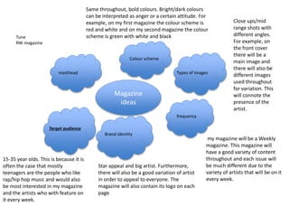 Magazine
ideas
masthead
Colour scheme
Types of images
frequency
Brand identity
Target audience
Same throughout, bold colours. Bright/dark colours
can be interpreted as anger or a certain attitude. For
example, on my first magazine the colour scheme is
red and white and on my second magazine the colour
scheme is green with white and black
Close ups/mid
range shots with
different angles.
For example, on
the front cover
there will be a
main image and
there will also be
different images
used throughout
for variation. This
will connote the
presence of the
artist.
my magazine will be a Weekly
magazine. This magazine will
have a good variety of content
throughout and each issue will
be much different due to the
variety of artists that will be on it
every week.
15-35 year olds. This is because it is
often the case that mostly
teenagers are the people who like
rap/hip hop music and would also
be most interested in my magazine
and the artists who with feature on
it every week.
Star appeal and big artist. Furthermore,
there will also be a good variation of artist
in order to appeal to everyone. The
magazine will also contain its logo on each
page
Tune
RW magazine
 