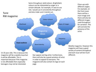 Magazine
ideas
Masthead
Colour scheme
Types of images
frequency
Brand identity
Target audience
Same throughout, bold colours. Bright/dark
colours can be interpreted as anger or a
certain attitude. For example, if I was to use
red, I would use it consistently throughout
and also make sure it stands out.
Close ups with
different angles.
For example, on
the front cover
there will be a
main image and
there will also be
different images
used throughout
for variation. This
will connote the
presence of the
artist.
Weekly magazine. However this
magazine will have a good
variety of content throughout
and each issue will be much
different.
15-35 year olds. This is because the
magazine will be a weekly issue but
it will be affordable. This is
important because if the magazine
is not affordable then especially
teenagers may not be interested.
Star appeal and big artist. Furthermore,
there will also be a good variation of artist
in order to appeal to everyone. The
magazine will also contain its logo on each
page
Tune
RW magazine
 