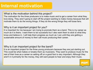 Internal motivation
What is the motivation behind this project?
The motivation for the three producers is to make music and to get a career from what they
love doing. They aren’t going to start off the project wanting to make money because that will
motivate them to do the wrong things. If they do the wrong things they will loose fans.

Why is it an important project for you?
It is important for me because I am trying to promote them as a band. This is my career as
much as it is theirs. I want them to be successful but I also want them to stick to what they
know and believe in. I will help them progress as much as I can until they are getting a
sustainable amount of money to then call music producing their career.

Why is it an important project for the band?
It is an important project for the three young producers because they are just starting out.
This could be what makes or breaks them as musicians. They want to produce music for the
rest of their lives as a career so setting off on a good foot is very important. Although they
aren't in it primarily for the money, they still want people to hear and enjoy their music.

13

 