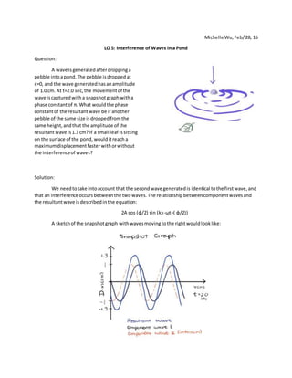 Michelle Wu, Feb/ 28, 15
LO 5: Interference of Waves in a Pond
Question:
A wave is generated after dropping a
pebble into a pond. The pebble is dropped
at x=0, and the wave generated has an
amplitude of 1.0 cm. At t=2.0 sec, the
movement of the wave is captured with a
snapshot graph with a phase constant of π.
What would the phase constant of the
resultant wave be if another pebble of the
same size is dropped from the same height,
and that the amplitude of the resultant
wave is 1.3 cm? If a small leaf is sitting on
the surface of the pond, would it reach a
maximum displacement faster with or
without the interference of waves?
Solution:
We need to take into account that the second wave generated is identical to the first
wave, and that an interference occurs between the two waves. The relationship between
component waves and the resultant wave is described in the equation:
2A cos (φ/2) sin (kx-ωt+( φ/2))
 