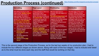 Production Process (continued) https://hosbeg.com/the-magazine-production-process
/
This is the second stage of the Production Process, as for the last two weeks of my production plan, I had to
include the four different stages as shown above. Along with each of the four stages, I had to include brief detail
as to the what must be done each day and the staff that would be working on that day.
 