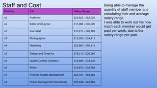 Staff and Cost
Quantity Job
x2 Publisher
x2 Editor and Layout
x5 Journalist
x3 Photographer
x4 Marketing
x2 Design and Graphics
x3 Quality Control (Director)
x5 Writer
x1 Finance Budget Management
x3 Proper Management (Schedule)
Salary Range
£23,523 - £52,026
£17,968 - £40,000
£15,611 - £40,183
£13,503 - £34,411
£22,861 - £50,116
£16,013 - £30,181
£15,688 - £33,835
£15,670 - £34,783
£23,791 - £64,669
£23,934 - £43,489
Being able to manage the
quantity of staff member and
calculating their and average
salary range.
I was able to work out the how
much each member would get
paid per week, due to the
salary range per year.
 