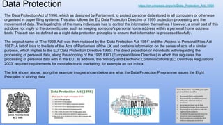Data Protection
The Data Protection Act of 1998, which as designed by Parliament, to protect personal data stored in all computers or otherwise
organised in paper filing systems. This also follows the EU Data Protection Directive of 1995 protection processing and the
movement of data. The legal rights of the many individuals has to control the information themselves. However, a small part of this
act does not imply to the domestic use; such as keeping someone's personal home address within a personal home address
book. This act can be defined as a eight data protection principles to ensure that information is processed lawfully.
The original name of ‘The 1998 Act’ was then replaced by the ‘Data Protection Act 1984’ and the ‘Access to Personal Files Act
1987’: A list of links to the lists of the Acts of Parliament of the UK and contains information on the series of acts of a similar
purpose, which implies to the EU ‘Data Protection Directive 1995’: The direct protection of individuals with regarding the
processing of personal data, along the adopting of the 1995 EUD (European Union Directive) in which this regulates the
processing of personal data with in the EU.. In addition, the ‘Privacy and Electronic Communications (EC Directive) Regulations
2003’ required requirements for most electronic marketing, for example an opt in box.
The link shown above, along the example images shown below are what the Data Protection Programme issues the Eight
Principles of storing data
https://en.wikipedia.org/wiki/Data_Protection_Act_1998
 
