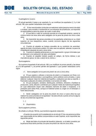 BOLETÍN OFICIAL DEL ESTADO
Núm. 152                                   Miércoles 23 de junio de 2010                          Sec. I. Pág. 54843


              Cuadragésimo noveno.

                El actual apartado 4 pasa a ser apartado 5 y se modifican los apartados 2, 3 y 4 del
           artículo 188, que quedan redactados como sigue:

                      «2. Si las mencionadas conductas se realizaran sobre persona menor de edad
                 o incapaz, para iniciarla o mantenerla en una situación de prostitución, se impondrá
                 al responsable la pena de prisión de cuatro a seis años.
                      3. El que lleve a cabo la conducta prevista en el apartado anterior, siendo la
                 víctima menor de trece años será castigado con la pena de prisión de cinco a diez
                 años.
                      4. Se impondrán las penas previstas en los apartados anteriores en su mitad
                 superior, en sus respectivos casos, cuando concurra alguna de las siguientes
                 circunstancias:

                     a) Cuando el culpable se hubiera prevalido de su condición de autoridad,
                 agente de ésta o funcionario público. En este caso se aplicará, además, la pena de
                 inhabilitación absoluta de seis a doce años.
                     b) Cuando el culpable perteneciere a una organización o grupo criminales que
                 se dedicaren a la realización de tales actividades.
                     c) Cuando el culpable hubiere puesto en peligro, de forma dolosa o por
                 imprudencia grave, la vida o salud de la víctima.»

              Quincuagésimo.

               Se suprime el apartado 8 del artículo 189 y se modifican el primer párrafo y las letras
           a) y b) del apartado 1 y el primer párrafo del apartado 3, que quedan redactados como
           sigue:

                     «1.    Será castigado con la pena de prisión de uno a cinco años:

                     a) El que captare o utilizare a menores de edad o a incapaces con fines o en
                 espectáculos exhibicionistas o pornográficos, tanto públicos como privados, o para
                 elaborar cualquier clase de material pornográfico, cualquiera que sea su soporte, o
                 financiare cualquiera de estas actividades o se lucrare con ellas.
                     b) El que produjere, vendiere, distribuyere, exhibiere, ofreciere o facilitare la
                 producción, venta, difusión o exhibición por cualquier medio de material pornográfico
                 en cuya elaboración hayan sido utilizados menores de edad o incapaces, o lo
                 poseyere para estos fines, aunque el material tuviere su origen en el extranjero o
                 fuere desconocido.

                     3. Serán castigados con la pena de prisión de cinco a nueve años los que
                 realicen los actos previstos en el apartado 1 de este artículo cuando concurra alguna
                 de las circunstancias siguientes:

                     […]

                     8.    (Suprimido)».

              Quincuagésimo primero.

              Se añade un artículo 189 bis, que tendrá la siguiente redacción:

                     «Cuando de acuerdo con lo establecido en el artículo 31 bis una persona jurídica
                                                                                                                   cve: BOE-A-2010-9953




                 sea responsable de los delitos comprendidos en este Capítulo, se le impondrán las
                 siguientes penas:

                     a) Multa del triple al quíntuple del beneficio obtenido, si el delito cometido por
                 la persona física tiene prevista una pena de prisión de más de cinco años.
 