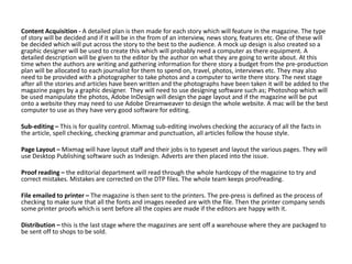 Content Acquisition - A detailed plan is then made for each story which will feature in the magazine. The type
of story will be decided and if it will be in the from of an interview, news story, features etc. One of these will
be decided which will put across the story to the best to the audience. A mock up design is also created so a
graphic designer will be used to create this which will probably need a computer as there equipment. A
detailed description will be given to the editor by the author on what they are going to write about. At this
time when the authors are writing and gathering information for there story a budget from the pre-production
plan will be allocated to each journalist for them to spend on, travel, photos, interviews etc. They may also
need to be provided with a photographer to take photos and a computer to write there story. The next stage
after all the stories and articles have been written and the photographs have been taken it will be added to the
magazine pages by a graphic designer. They will need to use designing software such as; Photoshop which will
be used manipulate the photos, Adobe InDesign will design the page layout and if the magazine will be put
onto a website they may need to use Adobe Dreamweaver to design the whole website. A mac will be the best
computer to use as they have very good software for editing.
Sub-editing – This is for quality control. Mixmag sub-editing involves checking the accuracy of all the facts in
the article, spell checking, checking grammar and punctuation, all articles follow the house style.
Page Layout – Mixmag will have layout staff and their jobs is to typeset and layout the various pages. They will
use Desktop Publishing software such as Indesign. Adverts are then placed into the issue.
Proof reading – the editorial department will read through the whole hardcopy of the magazine to try and
correct mistakes. Mistakes are corrected on the DTP files. The whole team keeps proofreading.
File emailed to printer – The magazine is then sent to the printers. The pre-press is defined as the process of
checking to make sure that all the fonts and images needed are with the file. Then the printer company sends
some printer proofs which is sent before all the copies are made if the editors are happy with it.
Distribution – this is the last stage where the magazines are sent off a warehouse where they are packaged to
be sent off to shops to be sold.
 