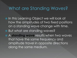  In this Learning Object we will look at
how the amplitudes of two fixed positions
on a standing wave change with time.
 But what are standing waves?
 A standing wave results when two waves
that have the same frequency and
amplitude travel in opposite directions
along the same medium.
 