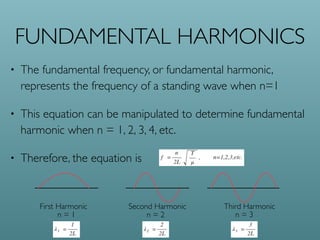 FUNDAMENTAL HARMONICS
• The fundamental frequency, or fundamental harmonic,
represents the frequency of a standing wave when n=1
• This equation can be manipulated to determine fundamental
harmonic when n = 1, 2, 3, 4, etc.
• Therefore, the equation is
First Harmonic Second Harmonic Third Harmonic
n = 1 n = 2 n = 3
 