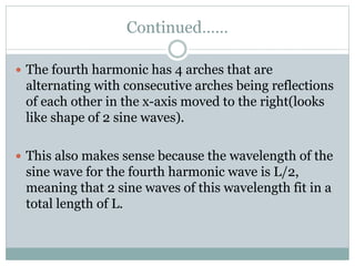 Continued……
 The fourth harmonic has 4 arches that are
alternating with consecutive arches being reflections
of each other in the x-axis moved to the right(looks
like shape of 2 sine waves).
 This also makes sense because the wavelength of the
sine wave for the fourth harmonic wave is L/2,
meaning that 2 sine waves of this wavelength fit in a
total length of L.
 