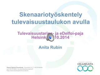 Skenaariotyöskentely 
tulevaisuustaulukon avulla 
Tulevaisuustarina- ja eDelfoi-paja 
Helsinki 10.10.2014 
Anita Rubin 
 