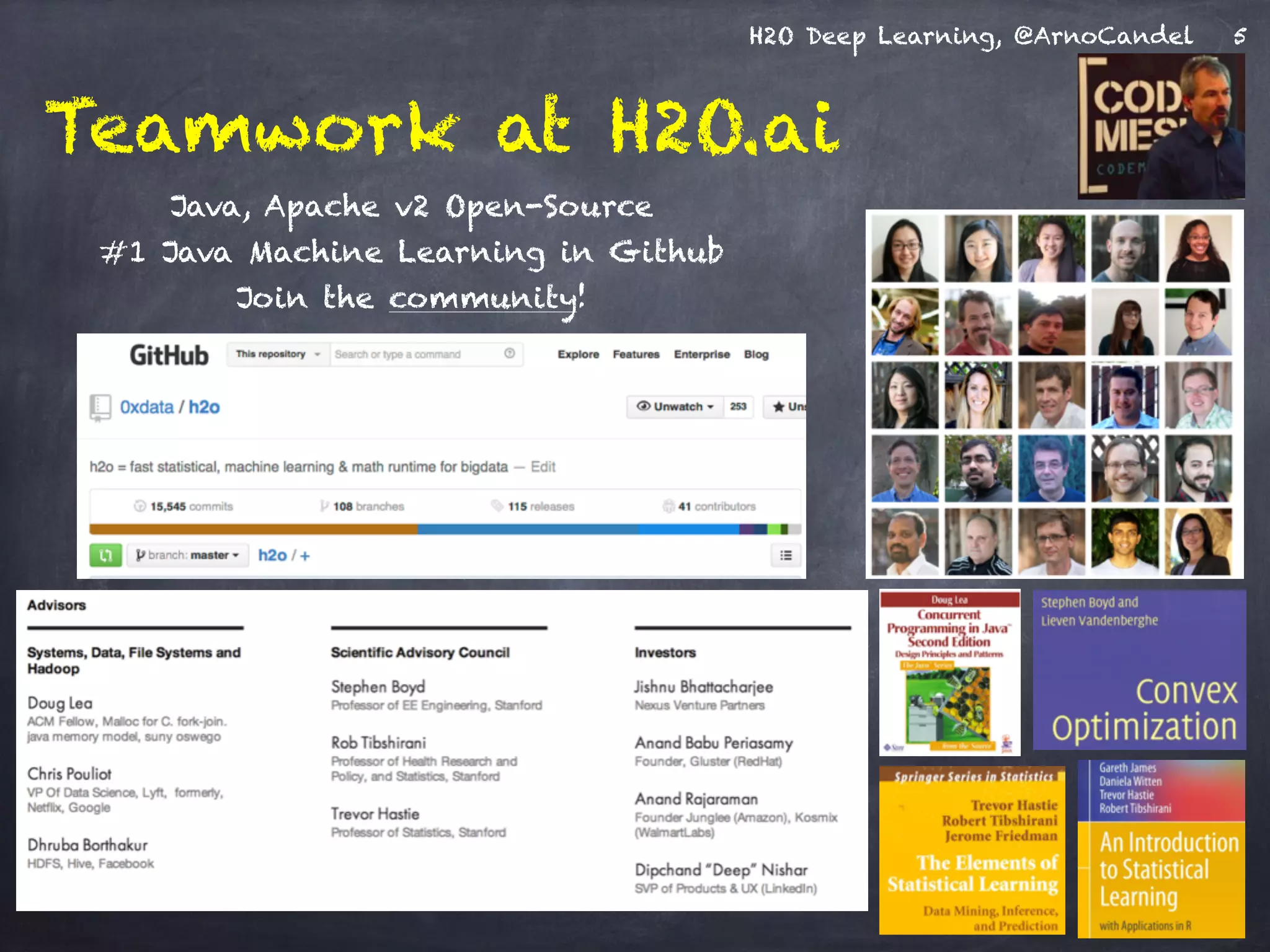 H2O Deep Learning, @ArnoCandel
Teamwork at H2O.ai
Java, Apache v2 Open-Source
#1 Java Machine Learning in Github
Join the community!
5
 