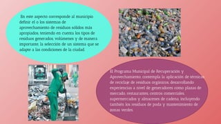 En este aspecto corresponde al municipio
definir el o los sistemas de
aprovechamiento de residuos sólidos más
apropiados, teniendo en cuenta los tipos de
residuos generados, volúmenes y de manera
importante, la selección de un sistema que se
adapte a las condiciones de la ciudad.
El Programa Municipal de Recuperación y
Aprovechamiento, contempla la aplicación de técnicas
de reciclaje de residuos orgánicos, desarrollando
experiencias a nivel de generadores como plazas de
mercado, restaurantes, centros comerciales,
supermercados y almacenes de cadena, incluyendo
también los residuos de poda y mantenimiento de
zonas verdes.
 