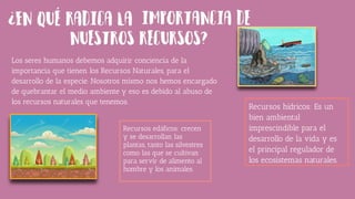 Los seres humanos debemos adquirir conciencia de la
importancia que tienen los Recursos Naturales, para el
desarrollo de la especie. Nosotros mismo nos hemos encargado
de quebrantar el medio ambiente y eso es debido al abuso de
los recursos naturales que tenemos.
Recursos hídricos: Es un
bien ambiental
imprescindible para el
desarrollo de la vida y es
el principal regulador de
los ecosistemas naturales.
Recursos edáficos: crecen
y se desarrollan las
plantas, tanto las silvestres
como las que se cultivan
para servir de alimento al
hombre y los animales.
 
