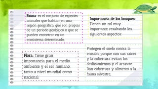 Fauna: es el conjunto de especies
animales que habitan en una
región geográfica, que son propias
de un periodo geológico o que se
pueden encontrar en un
ecosistema determinado..
Importancia de los bosques:
Tienen un rol muy
importante, resaltando los
siguientes aspectos:
Flora: Tiene gran
importancia para el medio
ambiente y el ser humano,
tanto a nivel mundial como
nacional.
Protegen el suelo contra la
erosión, porque con sus raíces
y la cobertura evitan los
deslizamientos y el arrastre.
Dan cobertura y alimento a la
fauna silvestre,
 