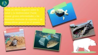 Tiene un efecto negativo sobre la
salud y la biodiversidad. Puede
causar graves enfermedades a los
humanos, extinción de especies y un
desequilibrio general en el planeta.
 