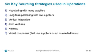 11 - 11
Copyright © 2023 Pearson Canada Inc.
Six Key Sourcing Strategies used in Operations
1) Negotiating with many suppliers
2) Long-term partnering with few suppliers
3) Vertical integration
4) Joint ventures
5) Keiretsu
6) Virtual companies (that use suppliers on an as needed basis)
 