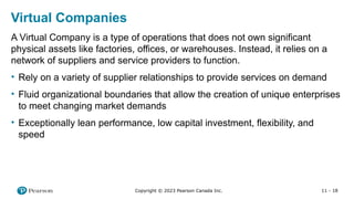 11 - 18
Copyright © 2023 Pearson Canada Inc.
Virtual Companies
A Virtual Company is a type of operations that does not own significant
physical assets like factories, offices, or warehouses. Instead, it relies on a
network of suppliers and service providers to function.
• Rely on a variety of supplier relationships to provide services on demand
• Fluid organizational boundaries that allow the creation of unique enterprises
to meet changing market demands
• Exceptionally lean performance, low capital investment, flexibility, and
speed
 