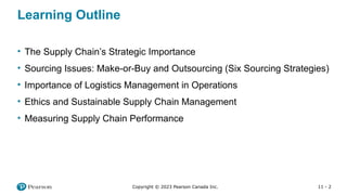 11 - 2
Copyright © 2023 Pearson Canada Inc.
Learning Outline
• The Supply Chain’s Strategic Importance
• Sourcing Issues: Make-or-Buy and Outsourcing (Six Sourcing Strategies)
• Importance of Logistics Management in Operations
• Ethics and Sustainable Supply Chain Management
• Measuring Supply Chain Performance
 