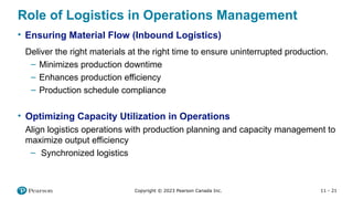 11 - 21
Copyright © 2023 Pearson Canada Inc.
Role of Logistics in Operations Management
• Ensuring Material Flow (Inbound Logistics)
Deliver the right materials at the right time to ensure uninterrupted production.
– Minimizes production downtime
– Enhances production efficiency
– Production schedule compliance
• Optimizing Capacity Utilization in Operations
Align logistics operations with production planning and capacity management to
maximize output efficiency
– Synchronized logistics
 