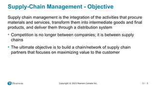 11 - 3
Copyright © 2023 Pearson Canada Inc.
Supply-Chain Management - Objective
Supply chain management is the integration of the activities that procure
materials and services, transform them into intermediate goods and final
products, and deliver them through a distribution system
• Competition is no longer between companies; it is between supply
chains
• The ultimate objective is to build a chain/network of supply chain
partners that focuses on maximizing value to the customer
 