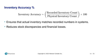 11 - 31
Copyright © 2023 Pearson Canada Inc.
Inventory Accuracy %
• Ensures that actual inventory matches recorded numbers in systems.
• Reduces stock discrepancies and financial losses.
 