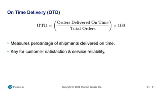 11 - 34
Copyright © 2023 Pearson Canada Inc.
On Time Delivery (OTD)
• Measures percentage of shipments delivered on time.
• Key for customer satisfaction & service reliability.
 