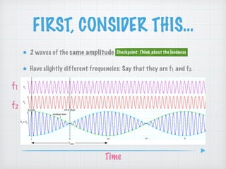FIRST, CONSIDER THIS…
2 waves of the same amplitude
Have slightly different frequencies: Say that they are f1 and f2.
f1
f2
Time
Checkpoint: Think about the loudness
 