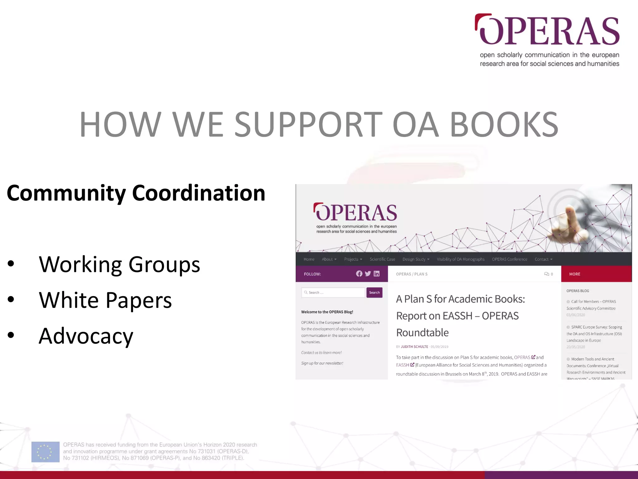 HOW WE SUPPORT OA BOOKS
Community Coordination
• Working Groups
• White Papers
• Advocacy