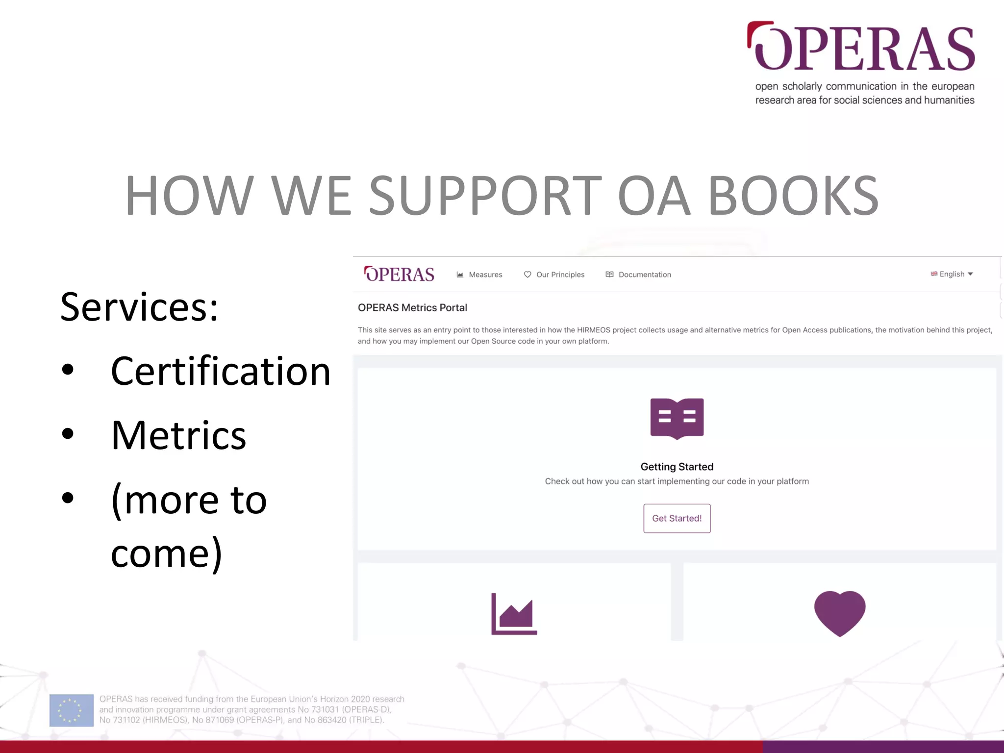 HOW WE SUPPORT OA BOOKS
Services:
• Certification
• Metrics
• (more to
come)