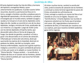 Jacob hijo de Alfeo
El Santo Apóstol Jacobo fue hijo de Alfeo y hermano
del Apóstol y evangelista Mateo, quien
anteriormente era publicano. Cuando nuestro Señor
Jesucristo, durante su permanencia física en la
tierra, escogió a hombres sencillos y piadosos para la
dignidad del apostolado, a fin de enviarlos a predicar
el Evangelio por el mundo entero, también escogió a
Jacobo y lo incluyó en el coro de los Apóstoles como
digno de ello. Jacobo se convirtió en uno de los doce
Apóstoles, testigo y ministro de Cristo, predicador de
sus misterios y su seguidor. Luego de recibir junto
con los demás Apóstoles el Espíritu Santo, que
descendió sobre ellos en forma de lenguas de
fuego, fue donde los gentiles a predicar a Cristo y
guiar a los descarriados en el camino de salvación.
Inflamado por la llama del celo divino, destruyó
quemando las espinas de la impiedad, destrozó en
pedazos los ídolos, derribó sus templos, sanó
diversas enfermedades, expulso de la gente espíritus
malignos y convirtió a una gran cantidad de personas
a Cristo, por quien se le adoptó un nuevo hombre: la
"Divina Semilla." Porque sembró — la semilla de la
Palabra de Dios en el corazón de los hombres, plantó
la fe y cultivó la piedad, por cuya causa fue llamado
"Divina Semilla."
Al visitar muchas tierras, sembró la semilla del
cielo, juntó la cosecha de salvación de los hombres
y concluyó su tarea terrenal siguiendo los pasos de
Cristo; emulando los sufrimientos de
Cristo, entregó su espíritu en manos de Dios al ser
clavado en una cruz en Egipto. Después esta
"Semilla Divina," el Santo Apóstol, fue reunida en
el granero celestial con los frutos que él produjo
cien veces. Allí, regocijándose al presenciar el
semblante de Dios, él intercede por nosotros con
sus súplicas, para que nosotros también podamos
ganar dicho regocijo.
 